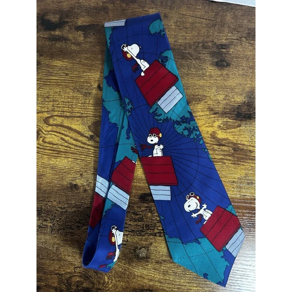 Peanuts Snoopy Flying Ace Red Baron Blue Novelty Silk Tie Mens Vintage Necktie